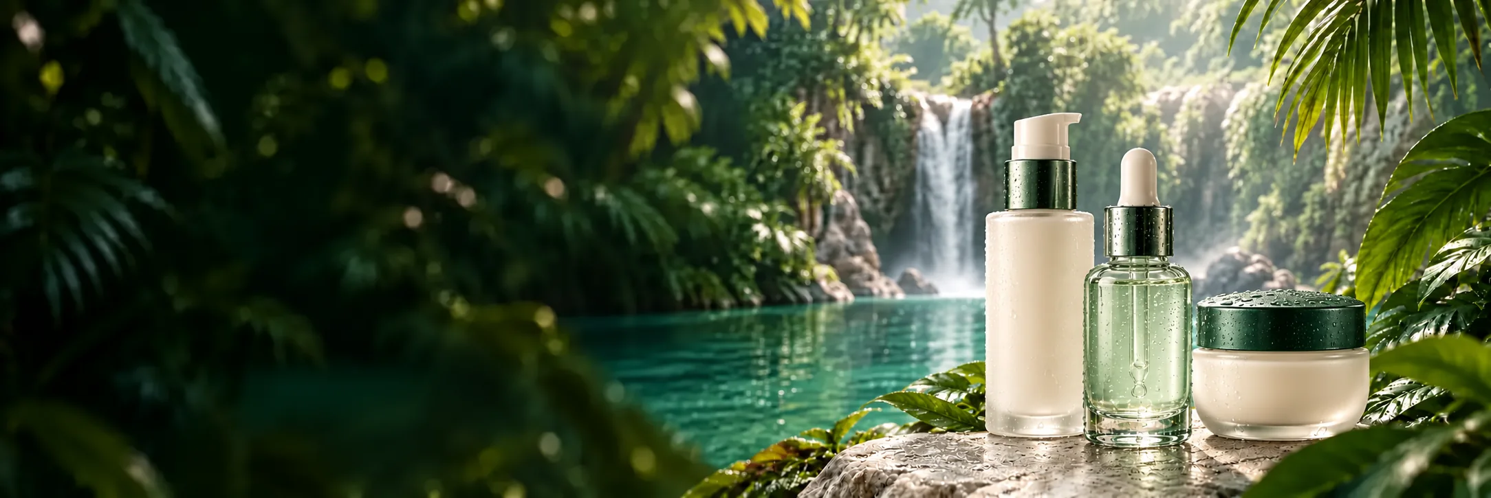 Botanical skincare still life beside an emerald lagoon