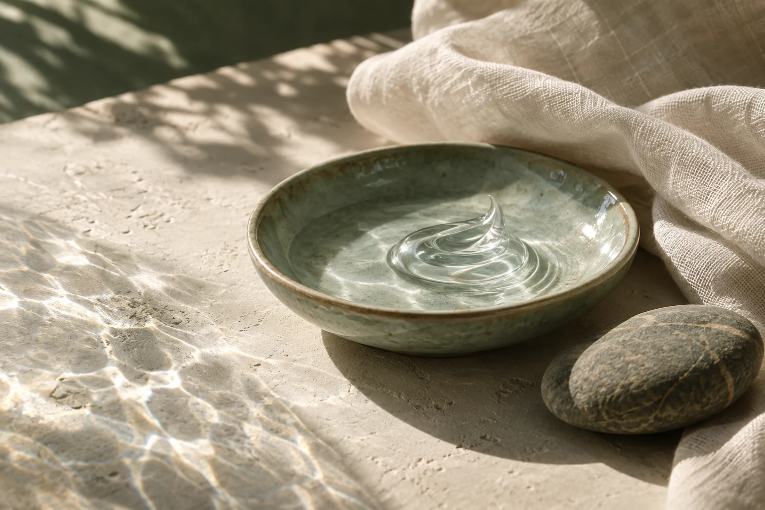 Soft morning light on a celadon dish and ivory linen